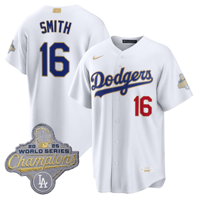 Men's White Los Angeles Dodgers #16 Will Smith 2026 Gold Collection Stadium Stitched Baseball Jersey